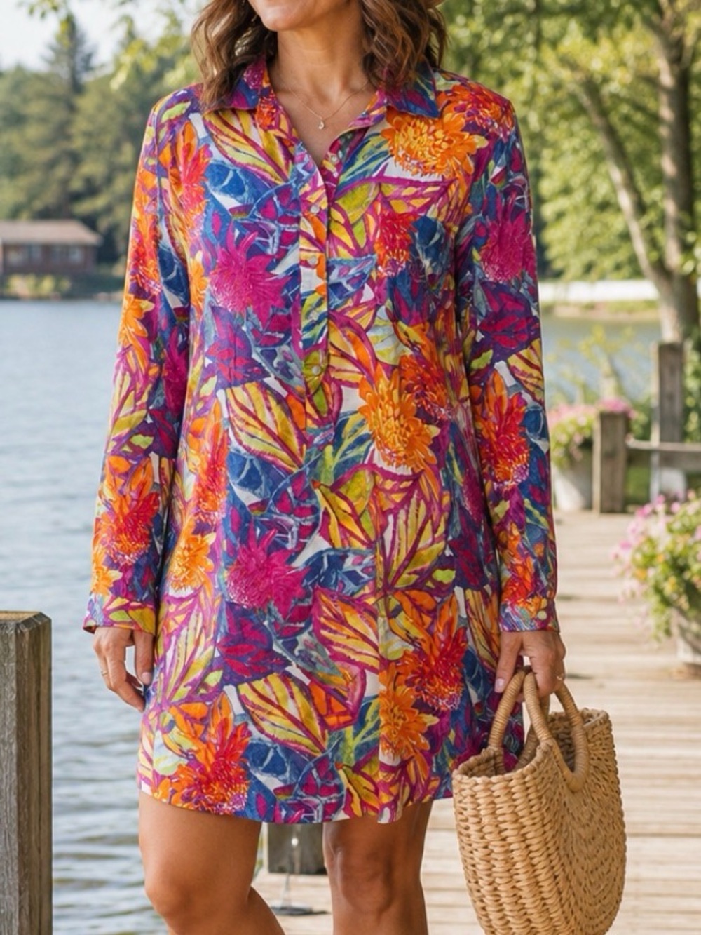 Ralph Lauren Multicolor Floral Long-Sleeve Swim Cover-Up or Casual Dress Medium
